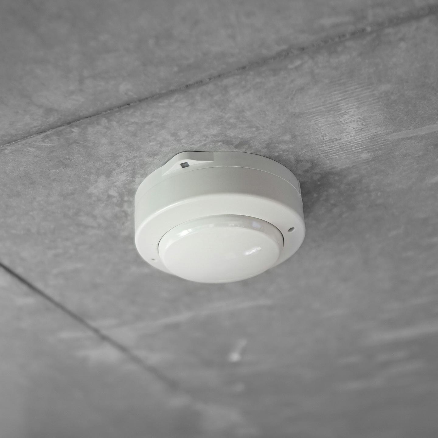 Round white alarm mounted on a ceiling, the backstop for a combustion safety problem