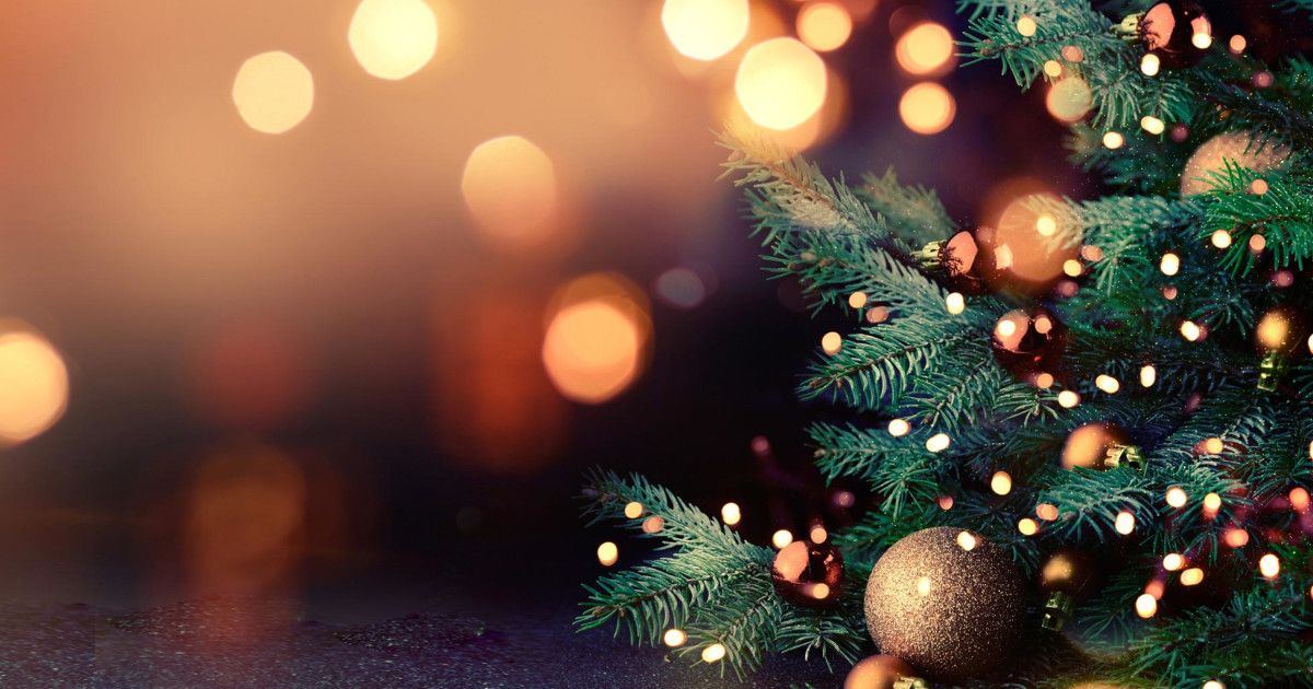 Christmas tree branches with ornaments and warm string lights glowing in front of a blurred background