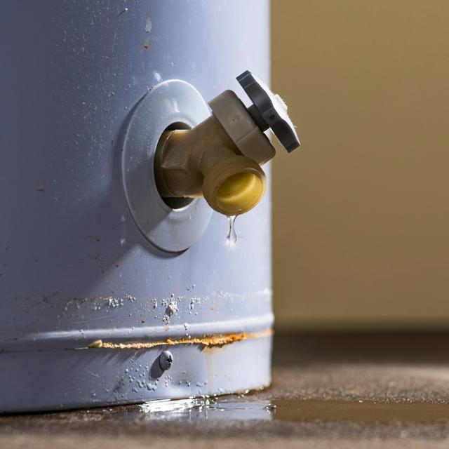 Close-up of a water heater drain valve dripping, with rust along the bottom seam of the tank