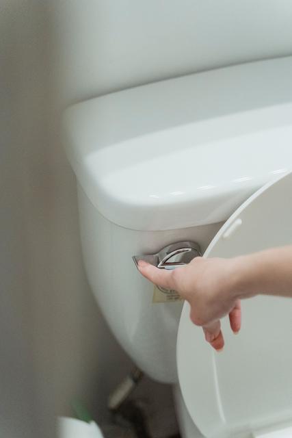 Hand pressing the flush handle on a toilet tank