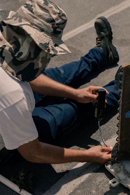 Technician servicing an outdoor condenser coil at ground level
