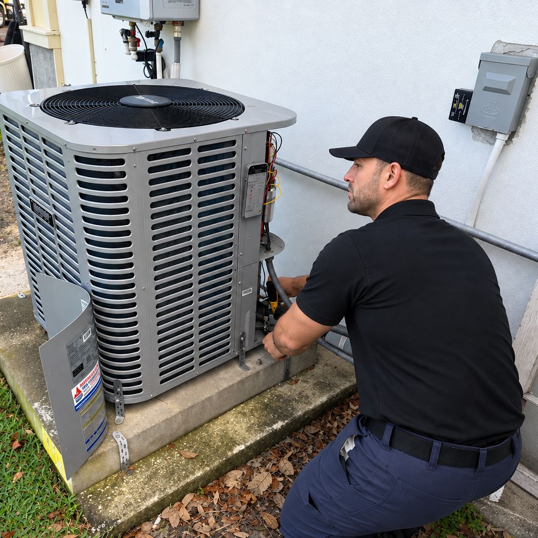 Technician working inside the open electrical panel of an outdoor air conditioning condenser beside a home