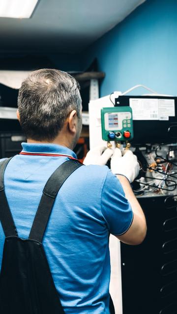 Technician taking a reading from an indoor air handler