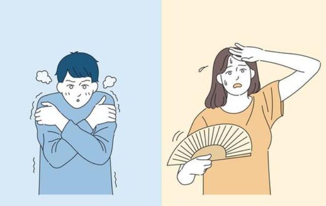 Illustration of a man shivering with his arms crossed next to a woman fanning herself in the heat