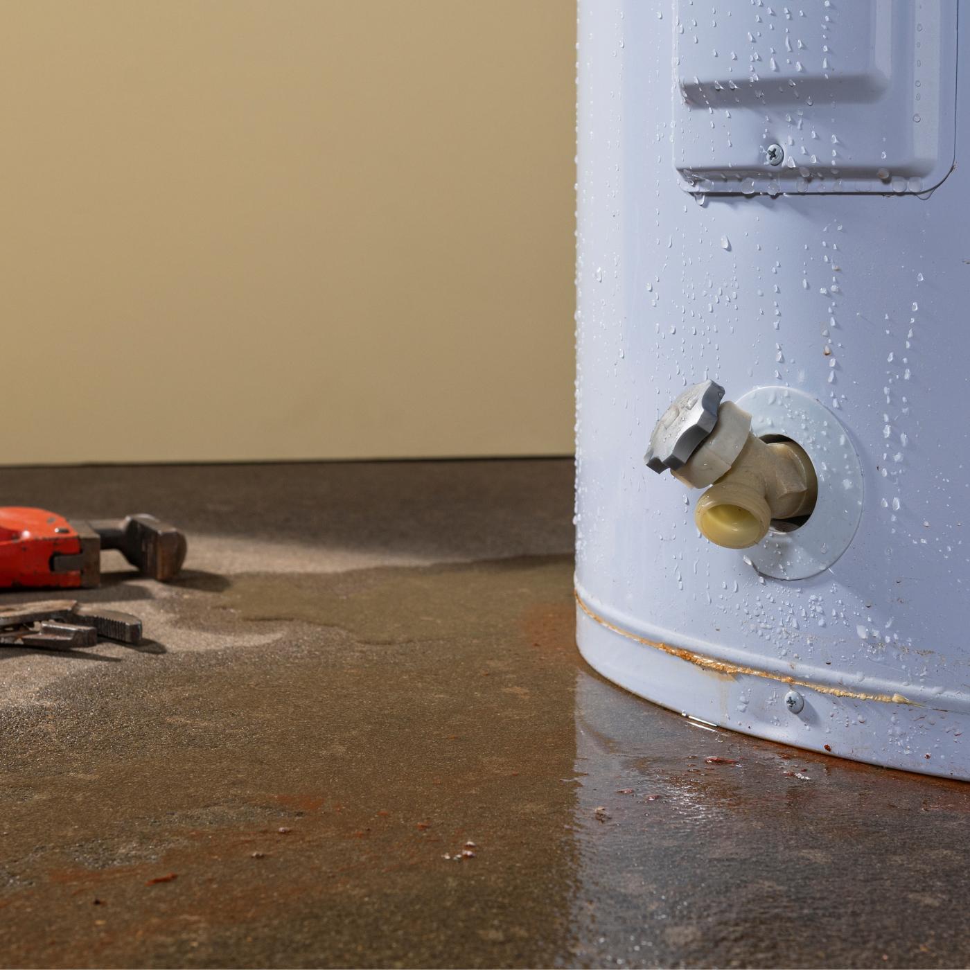 Water heater with a rusted base leaking onto a concrete floor, with pipe wrenches nearby