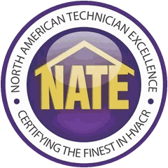 NATE certified badge: North American Technician Excellence, certifying the finest in HVACR
