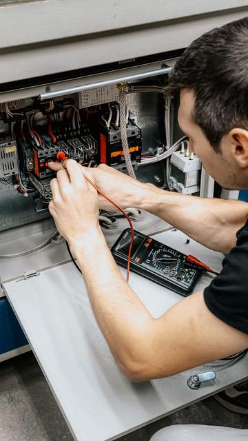 Technician probing terminals inside an open equipment control panel with a multimeter
